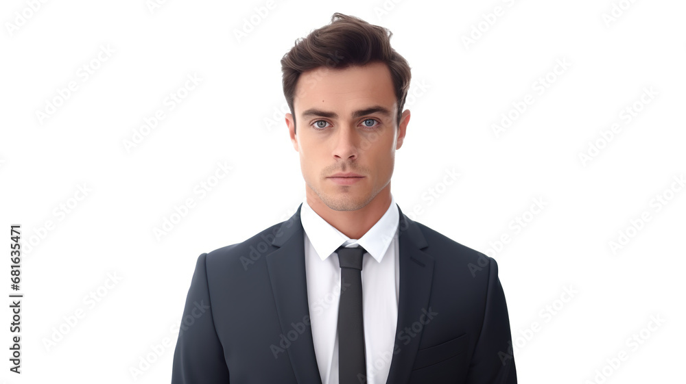 A young boss stands alone against a white background. A young boss stands alone against a white background.