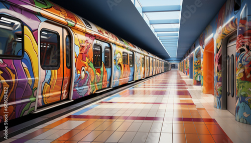 Modern subway station, underground transportation, blurred motion, futuristic design generated by AI