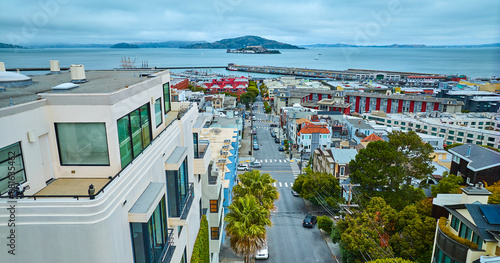 San Francisco aerial street leading to Alcatraz Island view over the bay, CA