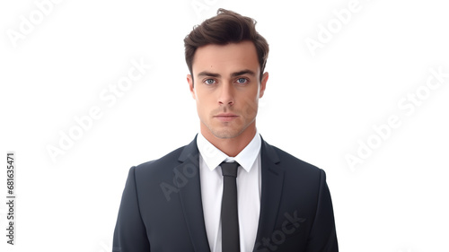 A young boss stands alone against a white background. 