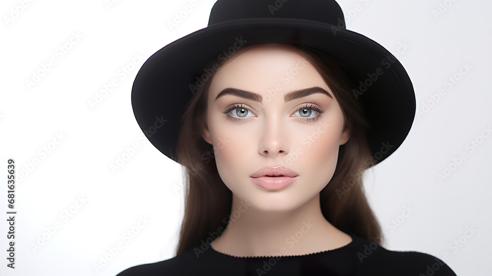 A young woman wearing a black hat and colorful makeup is isolated against a white background. A young woman wearing a black hat and colorful makeup is isolated against a white background.