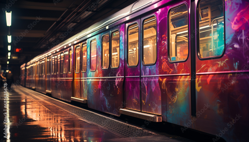 Subway train speeds through illuminated city, passengers eagerly waiting generated by AI