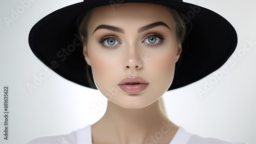 A young woman wearing a black hat and colorful makeup is isolated against a white background.  © Dilshad
