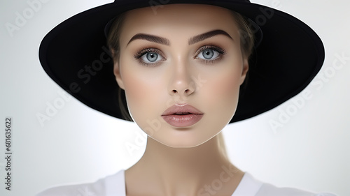 A young woman wearing a black hat and colorful makeup is isolated against a white background. 