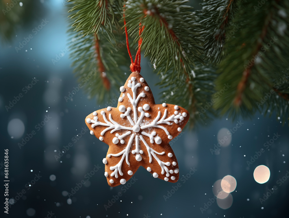 Christmas tree with gingerbread decoration in the form of snowflakes on the Christmas tree