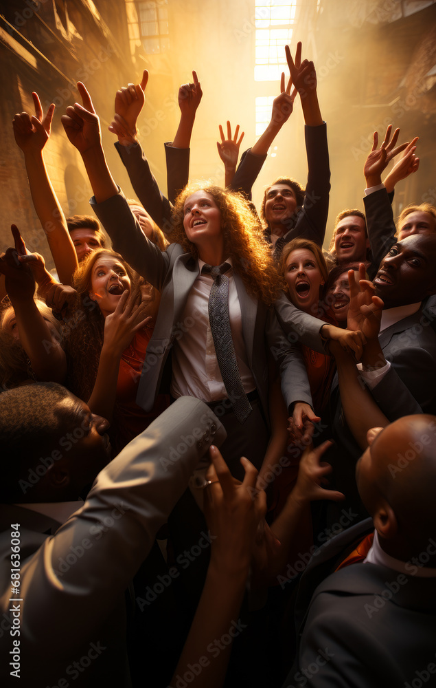 Many business people in the round. A group of people with their hands in the air