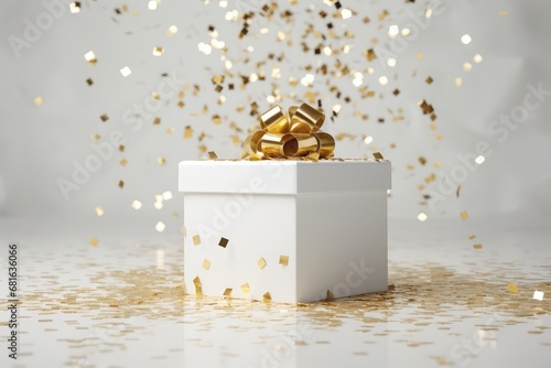 Golden gift box with a bow and confetti on festive glittering dark bokeh background