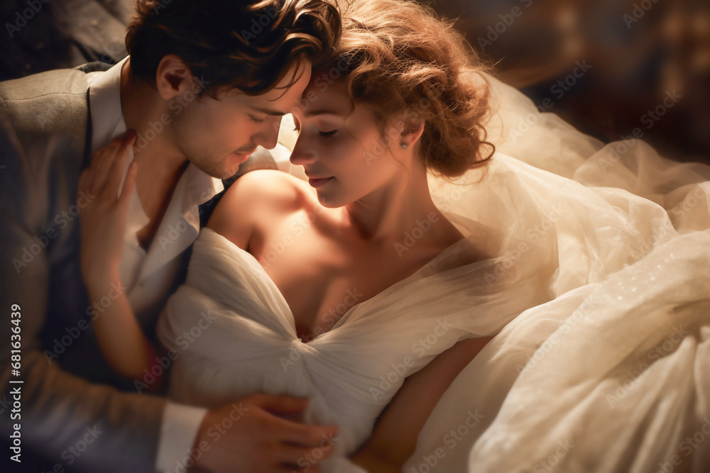 Naklejka premium A young couple looks at each other in love while lying on a bed. The man in a white shirt and the girl in a wedding dress.