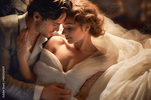 A young couple looks at each other in love while lying on a bed. The man in a white shirt and the girl in a wedding dress.