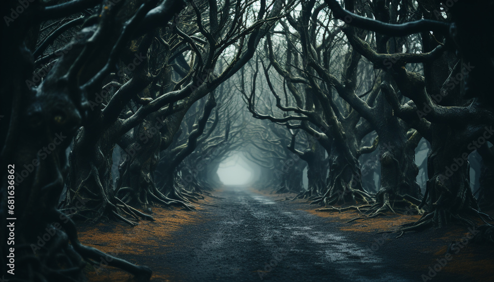 Spooky forest, dark mystery, horror landscape, old foggy branch generated by AI