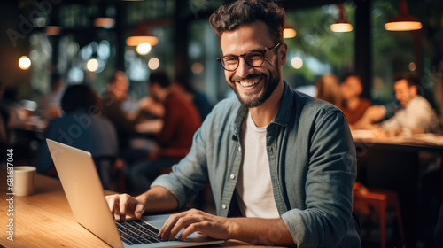 Smiling web designer using laptop at vibrant co-working space.