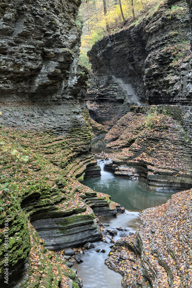 Obraz premium moss covered rocks and waterfall stream at watkins glen state park in the finger lakes region of new york state (nature, travel, hiking, walking, trail) gorge with curved rock, colorful autumn foliage