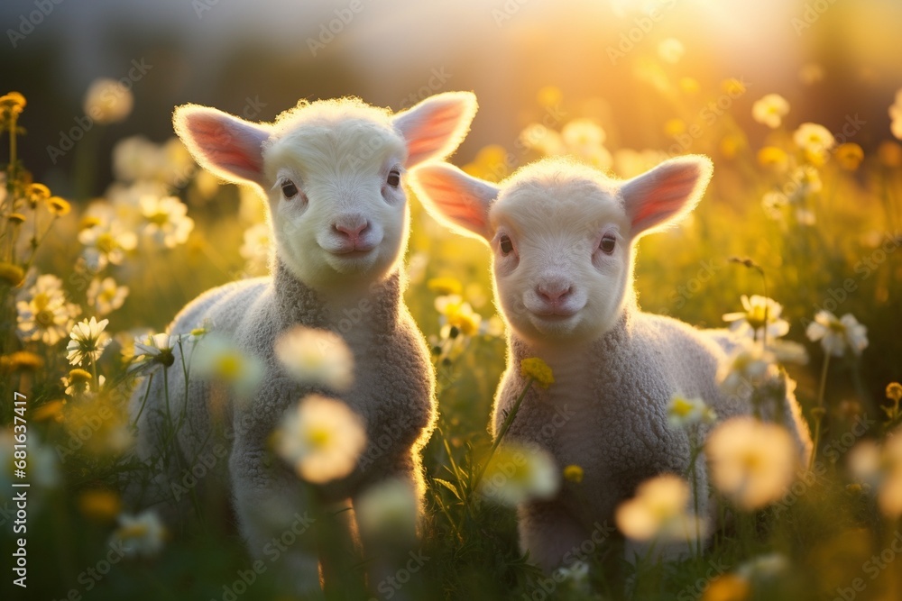 Cute lambs in the flower field Cute lambs in the flower field