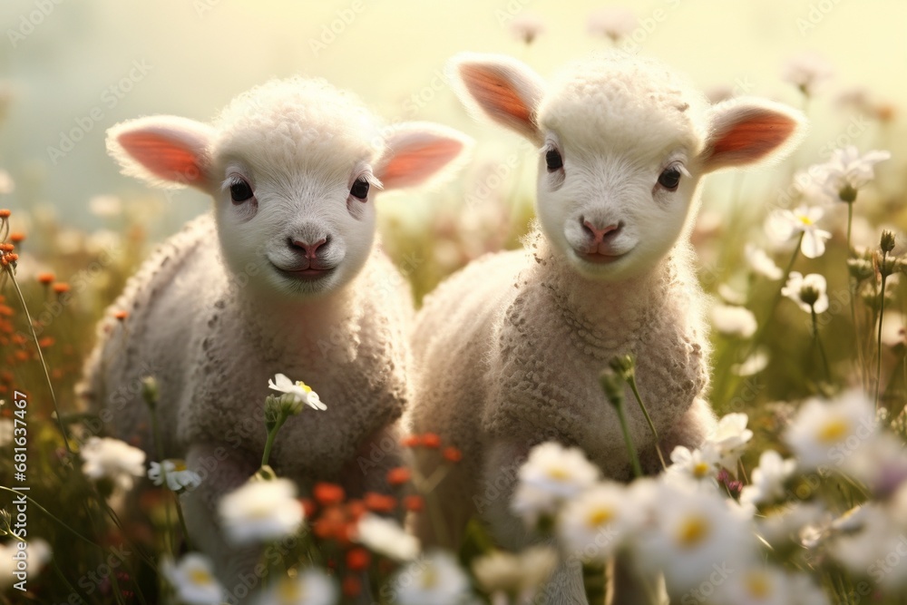 Cute lambs in the flower field