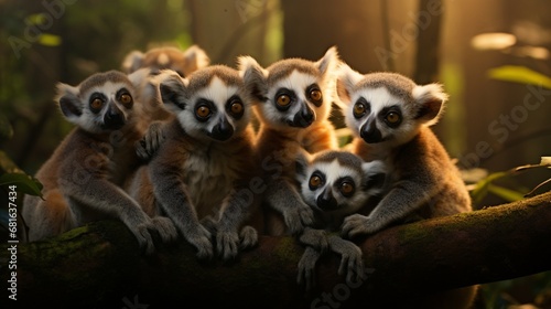 A group of lemurs grooming each other in a peaceful Madagascan forest.