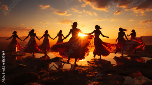 The girls dance in front of the sunset. A group of women holding hands in front of a sunset