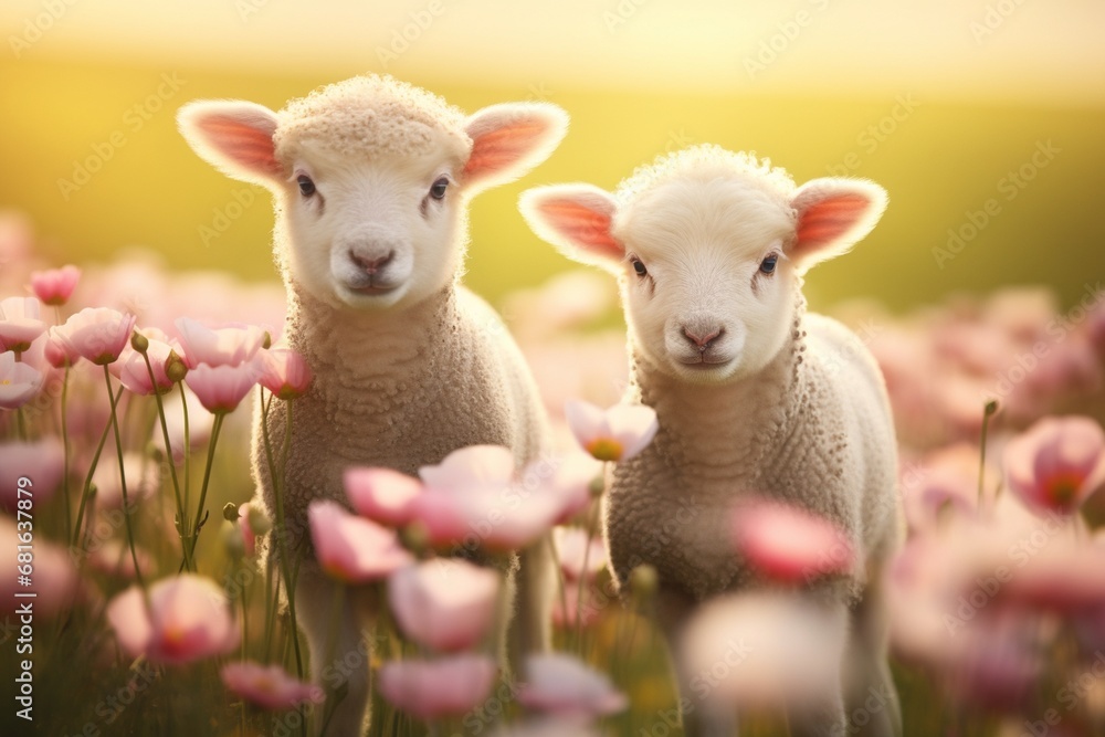 Obraz premium Cute lambs in the flower field