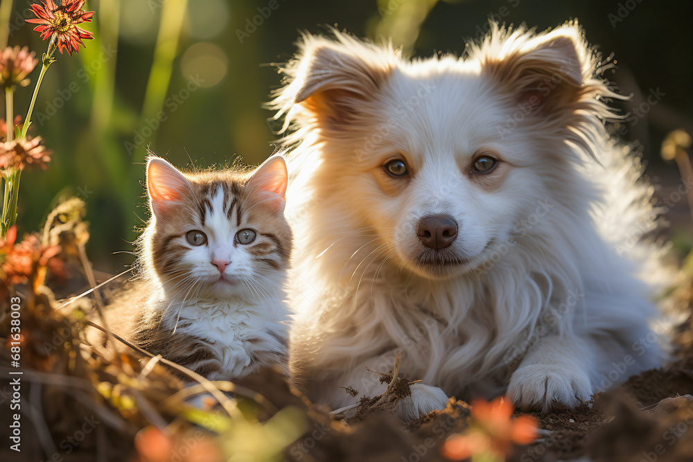 Obraz premium dog and cat on the grass