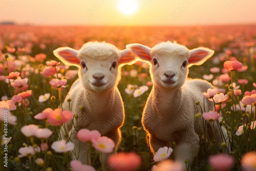 Cute lambs in the flower field Cute lambs in the flower field