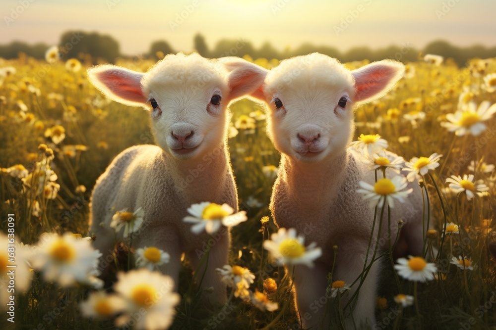 Cute lambs in the flower field Cute lambs in the flower field