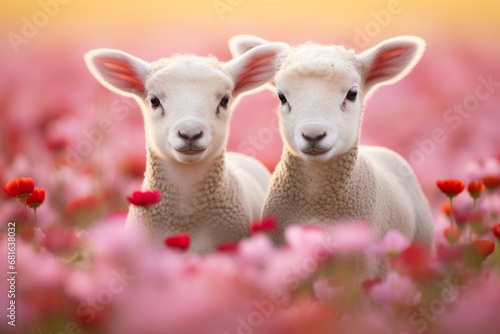 Cute lambs in the flower field