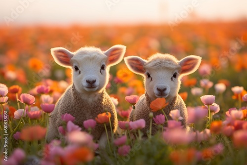 Cute lambs in the flower field