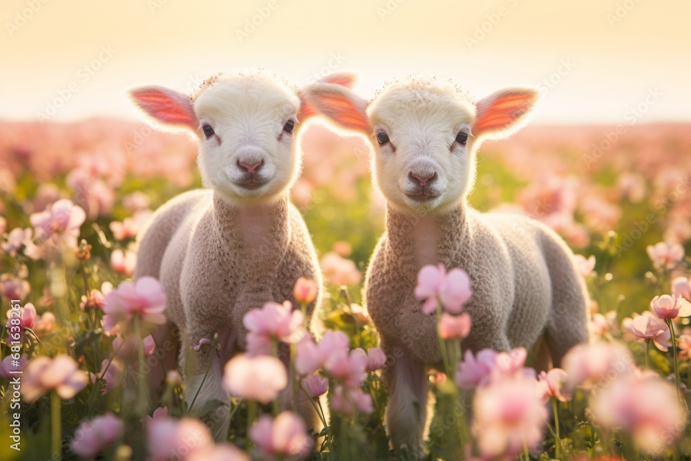 Cute lambs in the flower field Cute lambs in the flower field