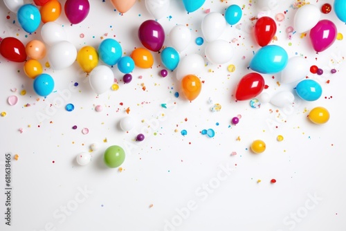 Colorful balloons and confetti on white background, flat lay. Space for text