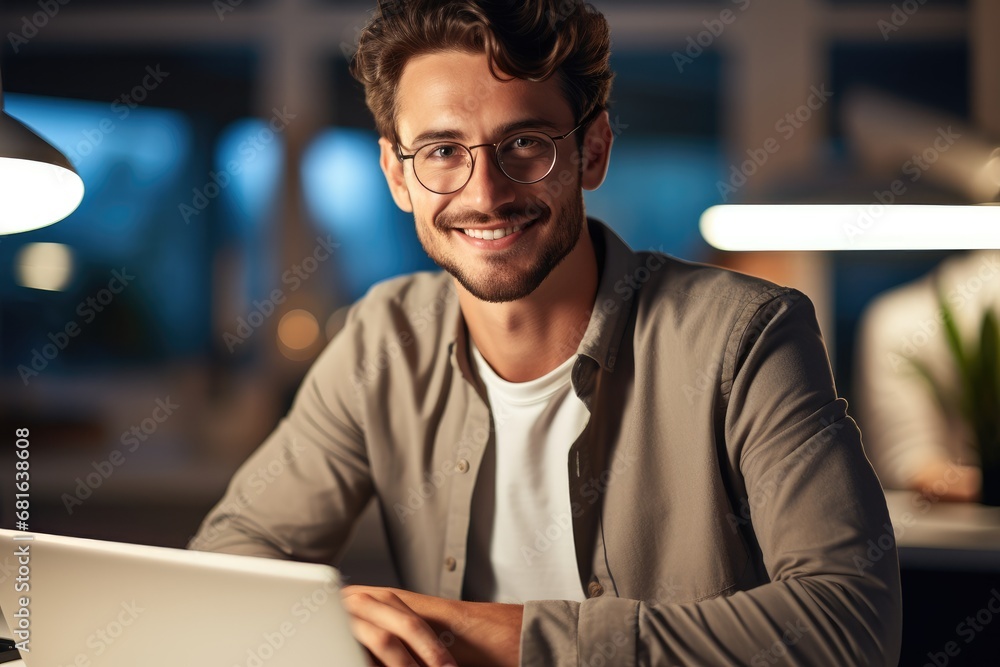 Man smiling in front of computer. Man smiling in front of computer.