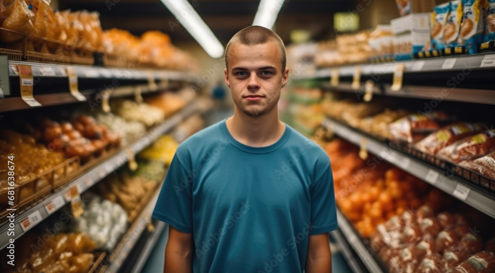 Young man working as a merchandiser in a supermarket, Shelves with food products background.