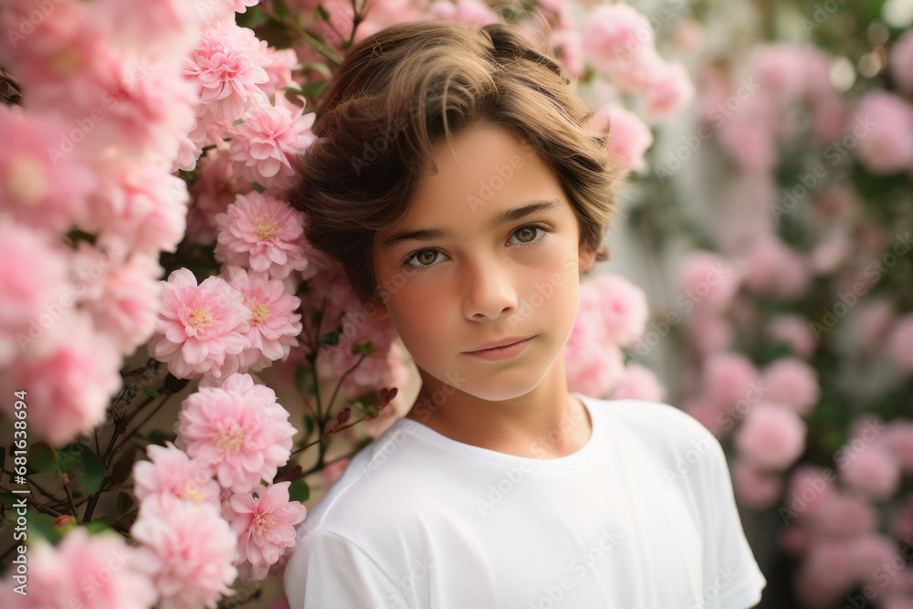 Fototapeta premium Niñez en Flor: Retrato Sereno de un Pre adolescente entre Flores Rosadas
