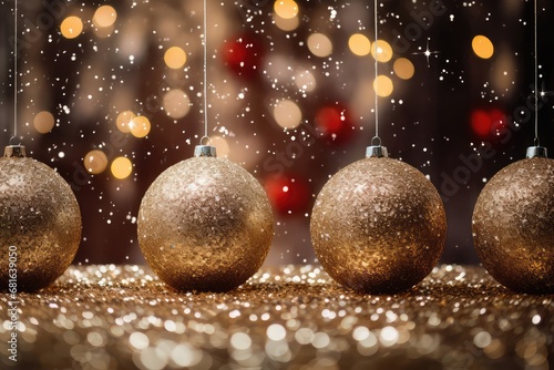 Golden Christmas tree toy balls with festive confetti on a pastel bokeh background.