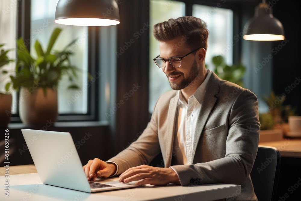Man doing an online meeting looking at laptop at desk in office. Man doing an online meeting looking at laptop at desk in office.