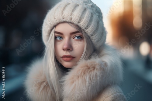 Russian girl winter clothes fur. Natural female portrait snow outdoor. Generate Ai