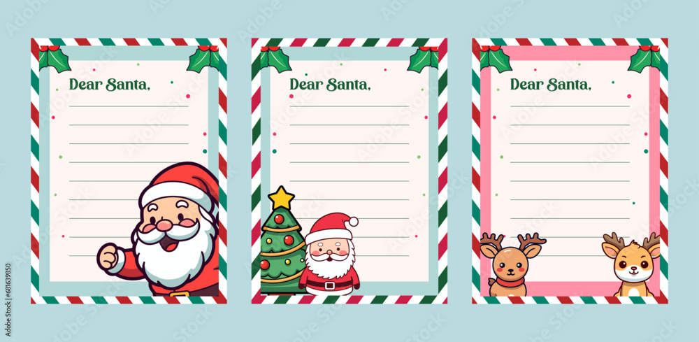 Decorated Paper Sheet for Christmas Letter to Santa Claus: Set CollectionTemplate with Christmas Character Illustration Vector of reindeer, Santa, and tree
