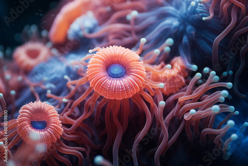 Macro exploration of vibrant coral polyps underwater  revealing the intricate ecosystem beneath the ocean s surface.