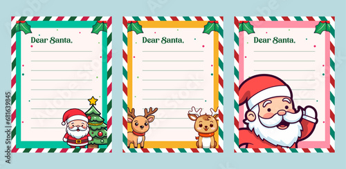 Set CollectionTemplate for Christmas Letter to Santa Claus: Christmas Character Illustration Vector of Reindeer, Santa, and Tree on a Decorated Paper Sheet
