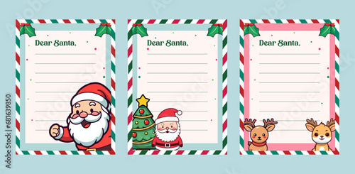Decorated Paper Sheet for Christmas Letter to Santa Claus: Set CollectionTemplate with Christmas Character Illustration Vector of reindeer, Santa, and tree
