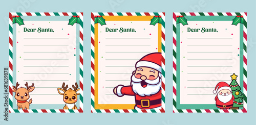 Decorated Paper Sheet with Christmas Character Illustration Vector: Set CollectionTemplate for Christmas Letter to Santa Claus featuring reindeer, Santa, and tree
