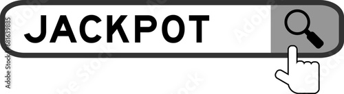 Search banner in word jackpot with hand over magnifier icon on white background