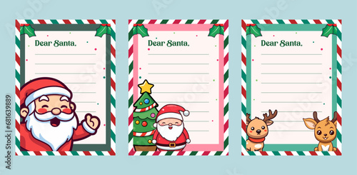 Christmas Letter to Santa Claus Set CollectionTemplate: Decorated Paper Sheet with Christmas Character Illustration Vector of reindeer, Santa, and tree
