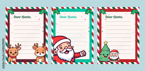 Set CollectionTemplate for Christmas Letter to Santa Claus: Christmas Character Illustration Vector on a Decorated Paper Sheet with reindeer, Santa, and tree
