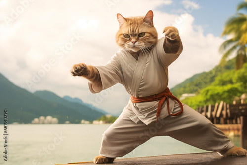 Cute tabby cat in karate uniform striking a pose photo