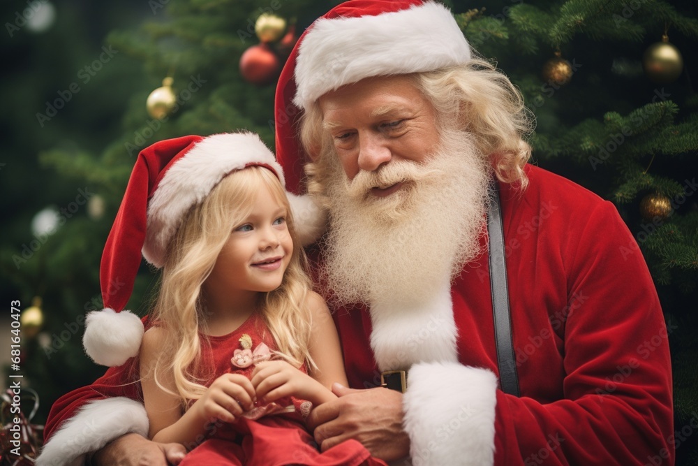 A Joyful Encounter: A Little Girl and Santa Claus Spreading Holiday Cheer A Joyful Encounter: A Little Girl and Santa Claus Spreading Holiday Cheer