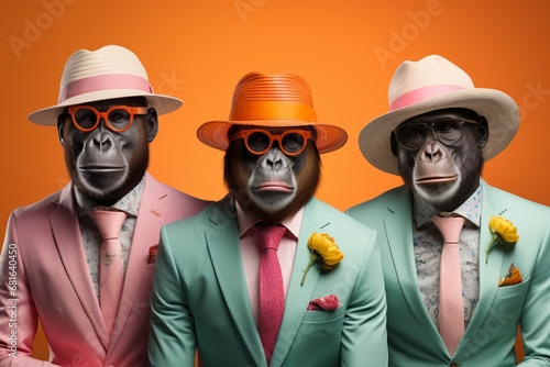 party card with monkey men in costumes and hats © Virginie Verglas