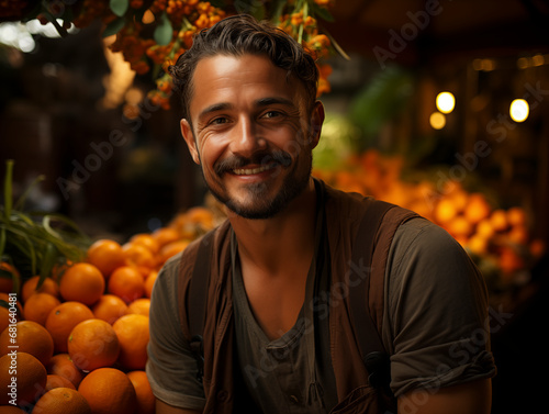 A smiling man with a beard in a market, surrounded by fresh oranges and warm lighting, creating a vibrant and friendly atmosphere photo