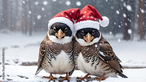 Two sparrows in festive hats in the snow. Christmas picture. © Станислав Щербак