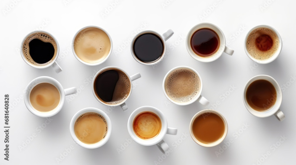 Many cups of different coffee on white background.