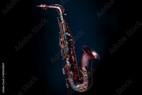 Saxophone galaxy. Brass musical instrument on a dark background. Generate AI