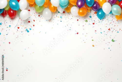 Colorful balloons and confetti on a white background